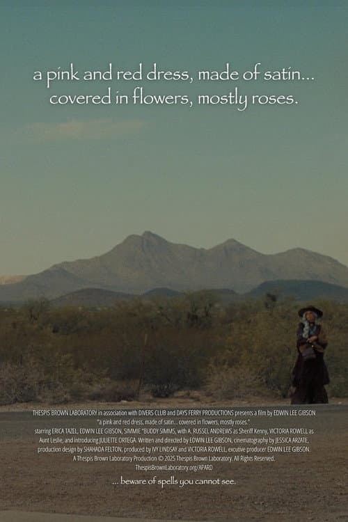 a pink and red dress, made of satin… covered in flowers, mostly roses poster